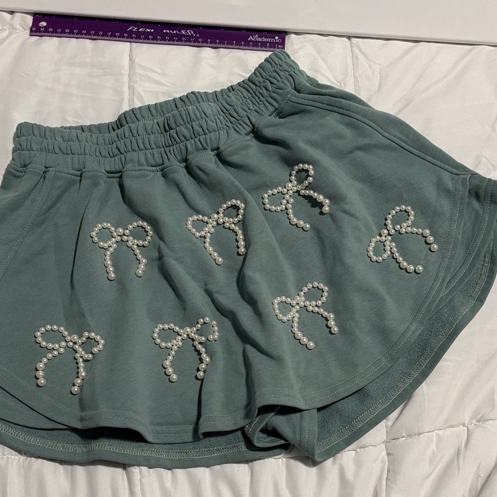 Peach Love California Green Skater Skirt with Pearl Bows